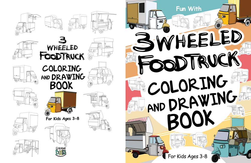 3-wheeled food truck coloring drawing book pages sheets for kids